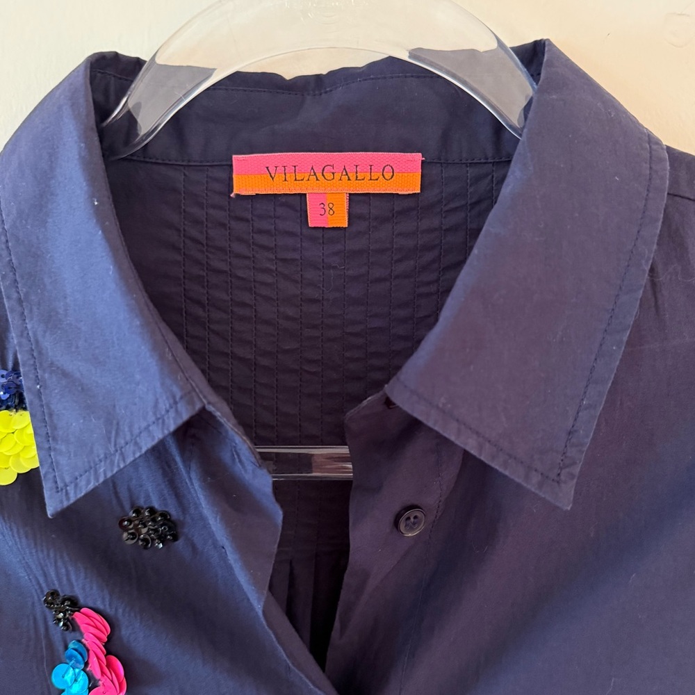Vilagallo Navy Blue Embroidered Sequin Novelty Cotton Shirt Dress - Picture 3 of 10